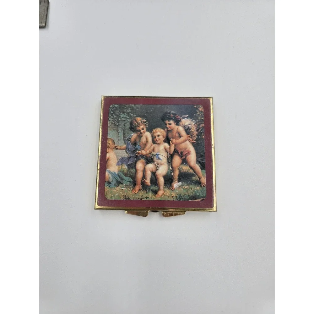 Vintage Cherubs Angels Gold Tone Pill Box Case 7 Day Organizer Mirror